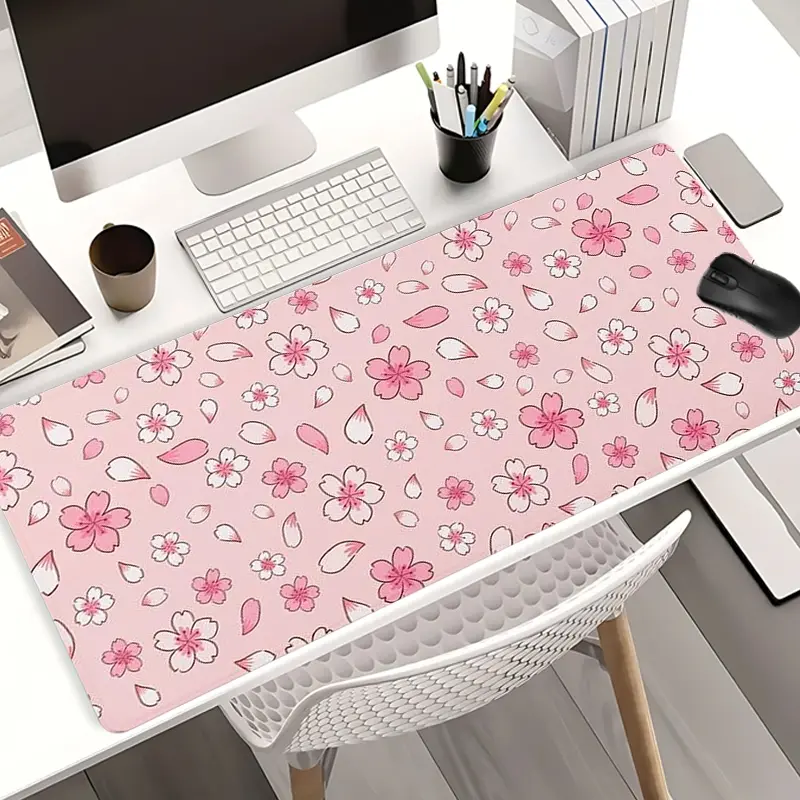 Extra Large Sakura Blossom Japanese Style Mouse Pad Pink Floral Gaming Desk Pad 35x16 Inch Computer Keyboard Mousepad with Non-Slip Rubber Base Durable Stitched Edge Perfect Gift for Home and Office Gaming Desk Accessory Cute Desk Accessories