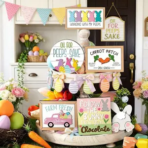 13-Piece Happy Easter Egg Bunny Wooden Tiered Tray Decorations Set, Easter Decor, Holiday Home Decor, Dining Table Centerpiece, Easter Gift