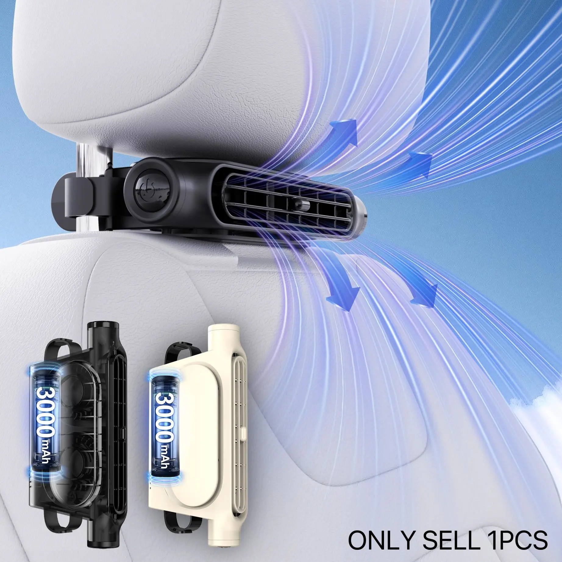 Adjustable car fan, Backseat fan, portable car seat cooler for rear seat passengers, adjustable air vents, three speed wind speed, suitable for most cars, SUV, RV, boat, with 3000mAh battery, Rechargeable Battery Fan