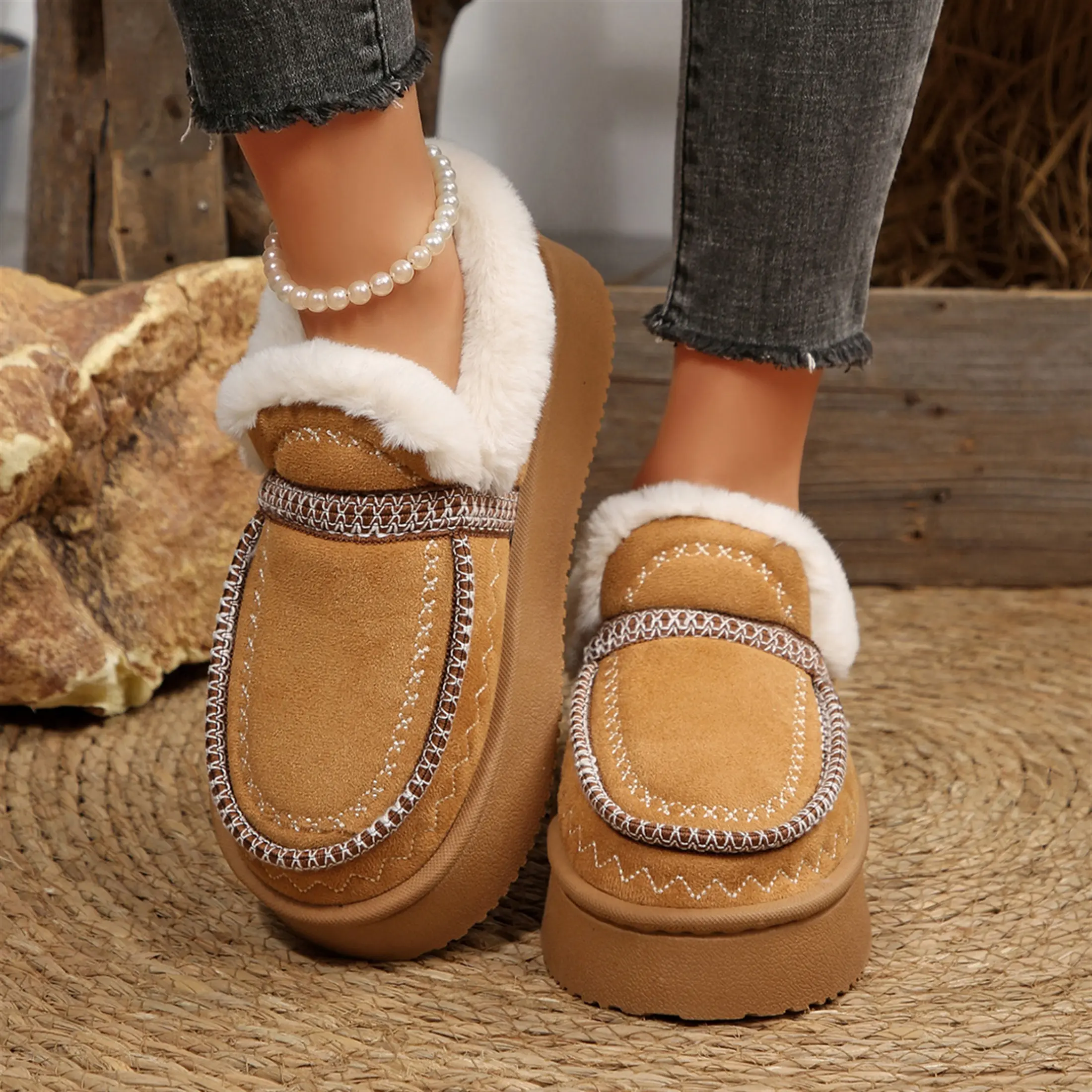 Women's Mini Snow Boots Winter Flat Lining Ankle Snow Indoor Outdoor Shoes Loafer Flats Platform Thick Fleece Slippers