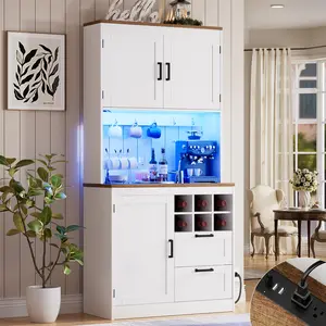 Farmhouse 72" Tall Kitchen Pantry Storage Cabinet with with Hutch and Drawers, Sturdy Coffee Wine Bar Cabinet with RGB LED Lights and Charging Station
