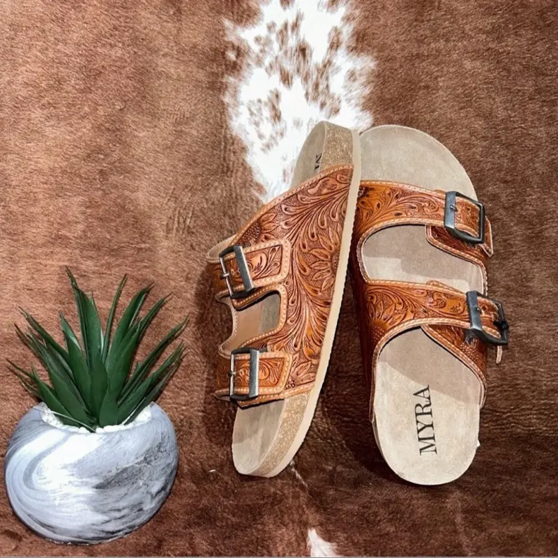 Women's Hand-Tooled Leather Sandals, Classic 2-Strap Slide Shoe with Contoured Cork Insole for Casual Everyday Footwear, Decorative Buckles Women's Sandals, Double Band Women's Sandals