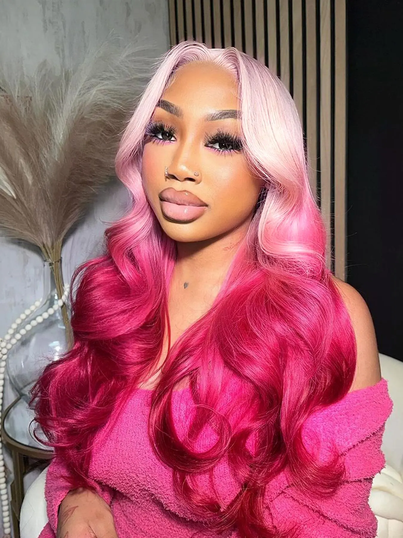 30-Inch Deep Pink Long Body Wave Wigs for Women, Gorgeous Fluffy Wigs without Bangs, Synthetic Glueless Lace Frontal Wigs for Party, Suitable for White Women, Glueless Wavy Wig