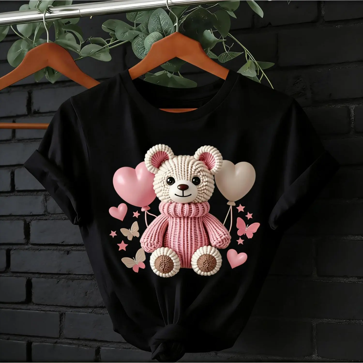 Women's Short Sleeve Cotton T-Shirt - Casual Round Neck, Adorable Teddy Bear & Balloon Print, Lightweight Stretchy Fabric, Baggy Comfortable Fit for Casual Daily Wear | Girly Style