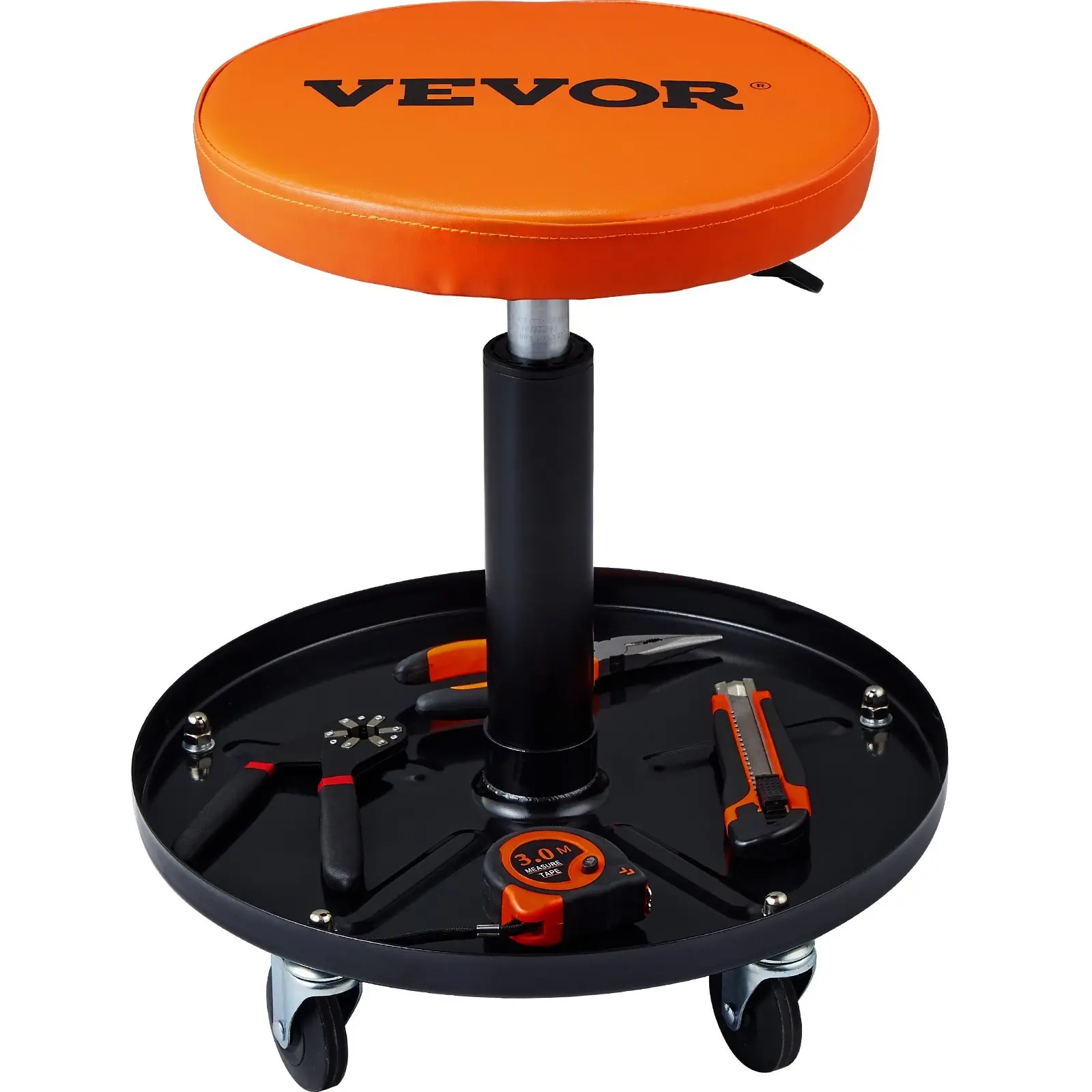 【Summerfinds】VEVOR Mechanic Rolling Stool, Automotive Vehicle Tool with 5 Casters, 250 LBS Capacity Compression Mechanism, Padded Adjustable Height 22 in-28 in, Tool Tray, Black+Orange Garage Shop Seat