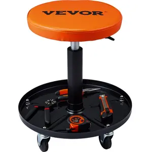 VEVOR Mechanic Stool, Summervibes,Summervibes, 250 LBS Rolling Pneumatic Creeper Garage/Shop Seat, Adjustable Height 22 in-28 in Padded Rolling Workshop Stool with Tool Tray, for Garage, Shop, Auto Repair, Black+Orange
