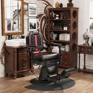 Baasha Black and Red Barber Chair with Removable Headrest, Heavy-Duty Steel Frame, 360° Swivel, Supports Up to 550 lbs, Salon Furniture