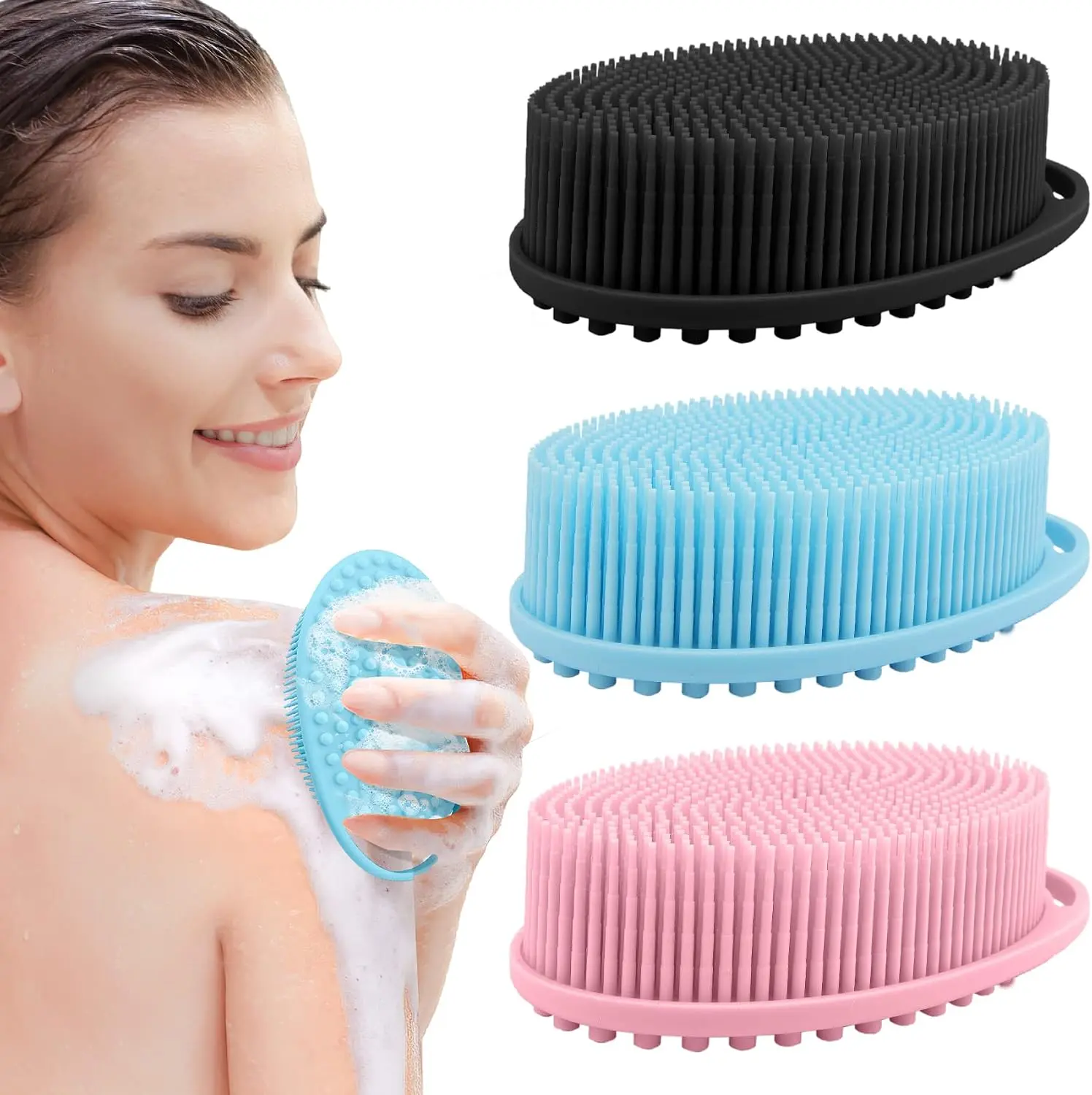 PQRUU 3-Pack Silicone Body Scrubber, Exfoliating Soft Loofah Bath Scrubbers - Rapid Foaming Shower Brush for All Skin Types, Black, Blue & Pink