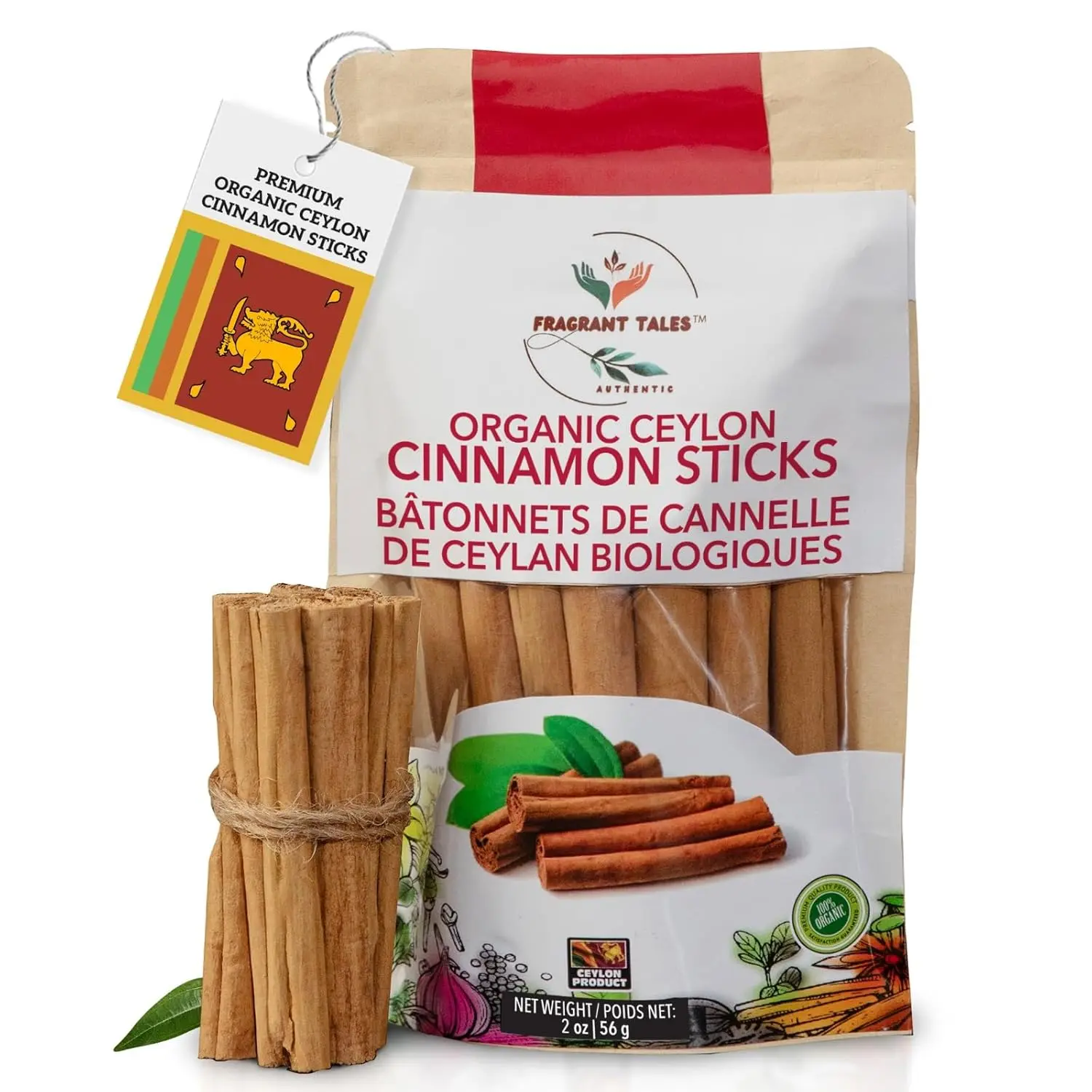Premium Organic Ceylon Cinnamon Sticks - 2 oz (56g)( 7 - 9, 5" sticks), True Ceylon, USDA Certified, Non-GMO, Gluten-Free, Pure Sri Lankan Cinnamon for Cooking & Baking
