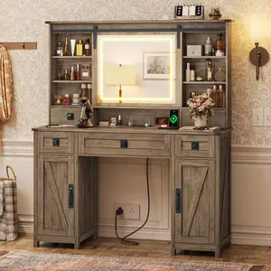 SIKAIC Makeup Vanity Table with LED Sliding Mirror, Brown Dressing Table with Lights for Bedroom Furniture
