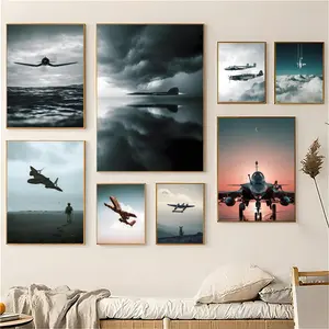 PIKPAPK Modern Cool Vintage Planes Fighter Jet Military Aircraft Launch Painting Calligraphy Eco-Friendly Cotton Canvas Poster Fine Texture Smooth Surfac Waterproof Wall Art For Home & Washroom Decor Gift