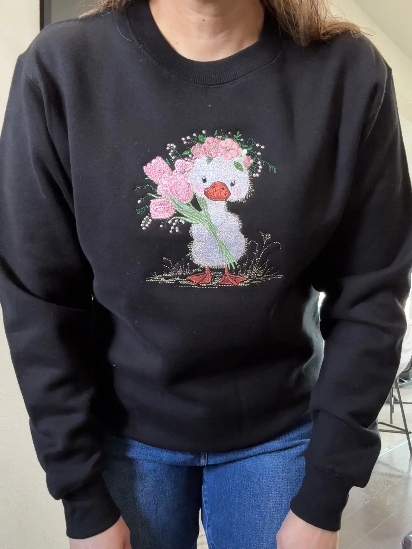 Embroidered Baby Duck Floral Crewneck Sweatshirt Soft Everyday Polyester