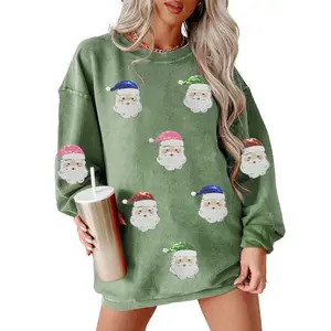 Mntaor Women's Oversized Grass Green Corded Ribbed Christmas Sweatshirt with Sequined Santa Claus Patches,  Long Sleeve Pullover for Holiday Party,Winteroutfit