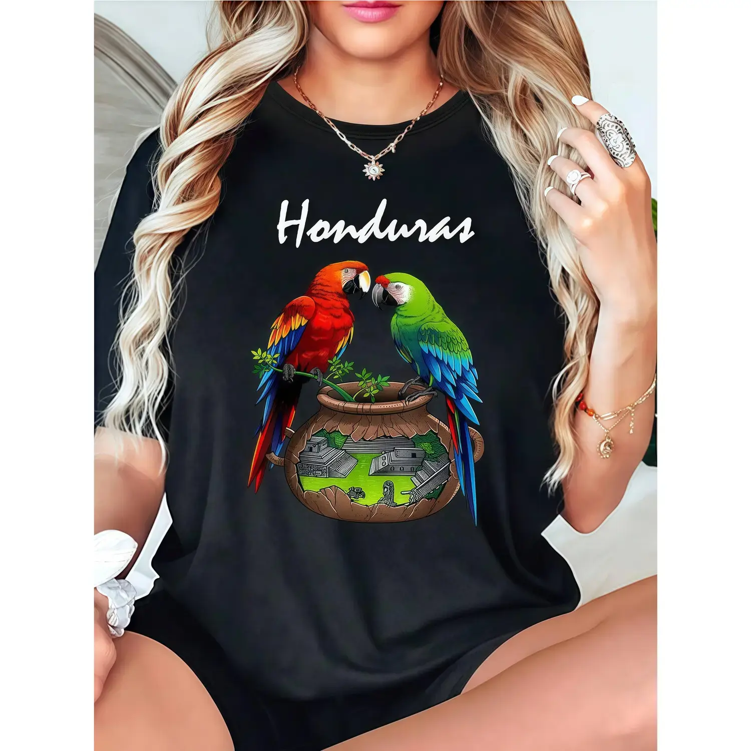 Vibrant Honduras Parrots and Cultural Landscape T Shirt Celebrating Central American Heritage