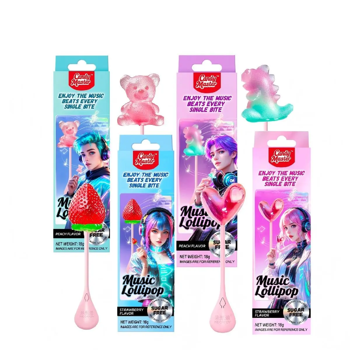 Candy Master Music Lollipop Sugar Free KPOP Style Candy 4 Pack | Music lollipop with sugar-free fruity flavors and fun KPOP style design