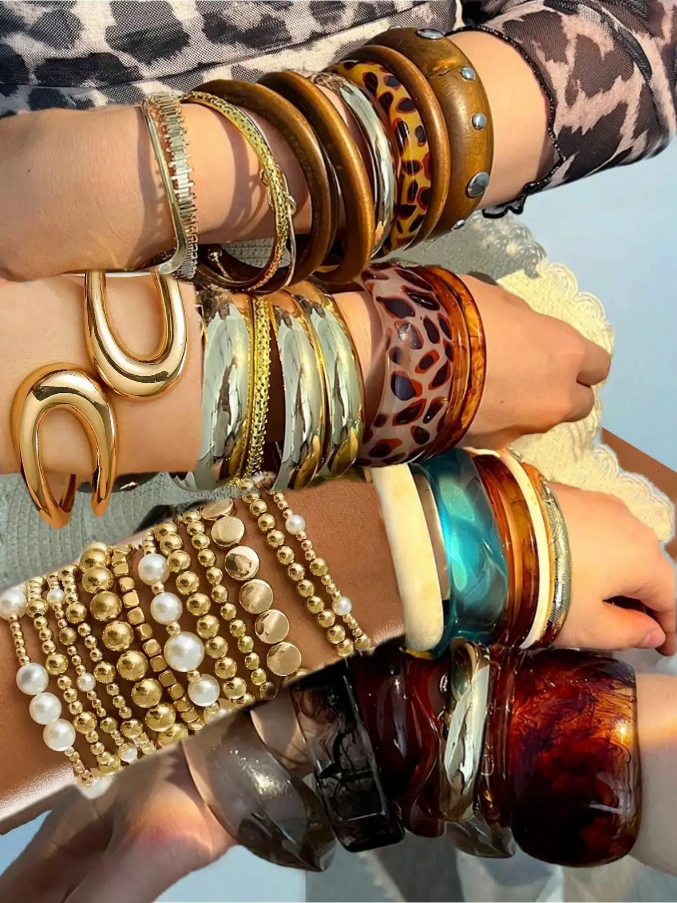 Vintage Fashion Elegant Metal Multicolor Acrylic Resin Bracelet, Geometric Pattern Irregular Design, Blue Leopard Print Stackable Bracelet, Trendy Stack Bangle, Stacking Bangles, Bracelets Jewelry