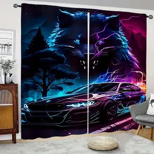 Fashion Animal Car Lightning Print Curtains Set, Window Curtain, Window Drapes, Forest Wolf and Speed Car Pattern, Half Light Blocking Polyester Fabric