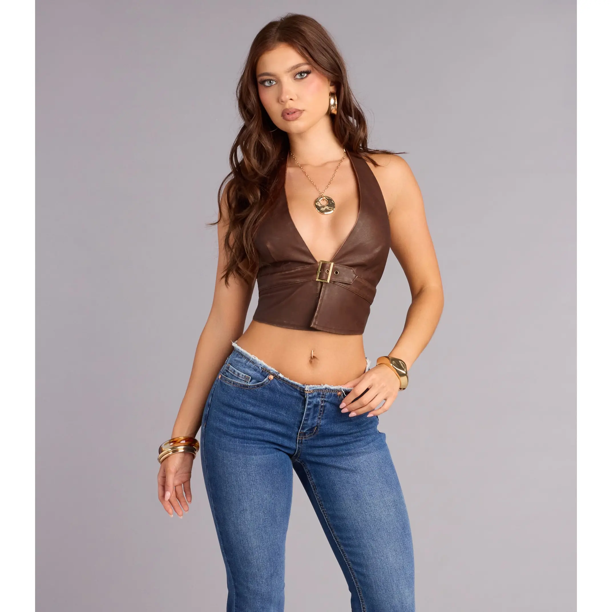 Late Night Mood Faux Leather Halter Buckle Crop Top