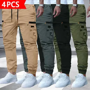 4-Pack Men’s Cargo Jogger Pants, elastic waistband with adjustable drawstring, multi-pocket utility joggers, soft and durable fabric, tapered ankle cuffs, 4-color combo set, ideal for outdoor activities, running errands, work, school, casual wear, and all