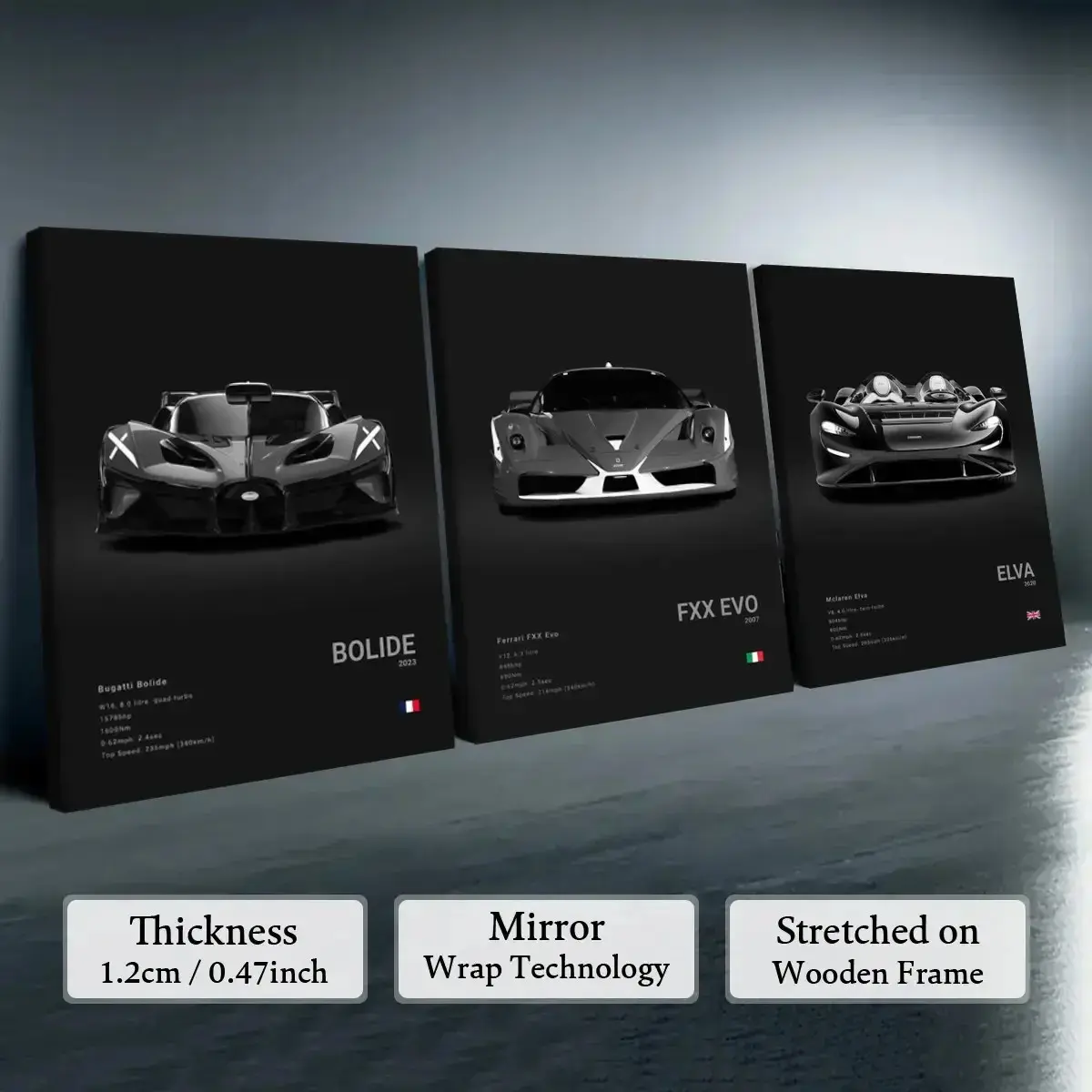 3PCS Minimalist Supercar Wooden Framed Canvas Prints Set - Artistic Luxury Automotive Hypercar HD Prints, Waterproof Ready-to-Hang Wall Decor, Home Gift for Living Room, Garage abstract design