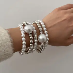 5PCS Elegant Women Imitation Pearl Stackable Bracelets Set Vintage Exaggerated Punk Style Hand Chains Handmade Elastic Faux Pearl Multi-layer Bangle Party Birthday Wedding Engagement Anniversary Jewelry