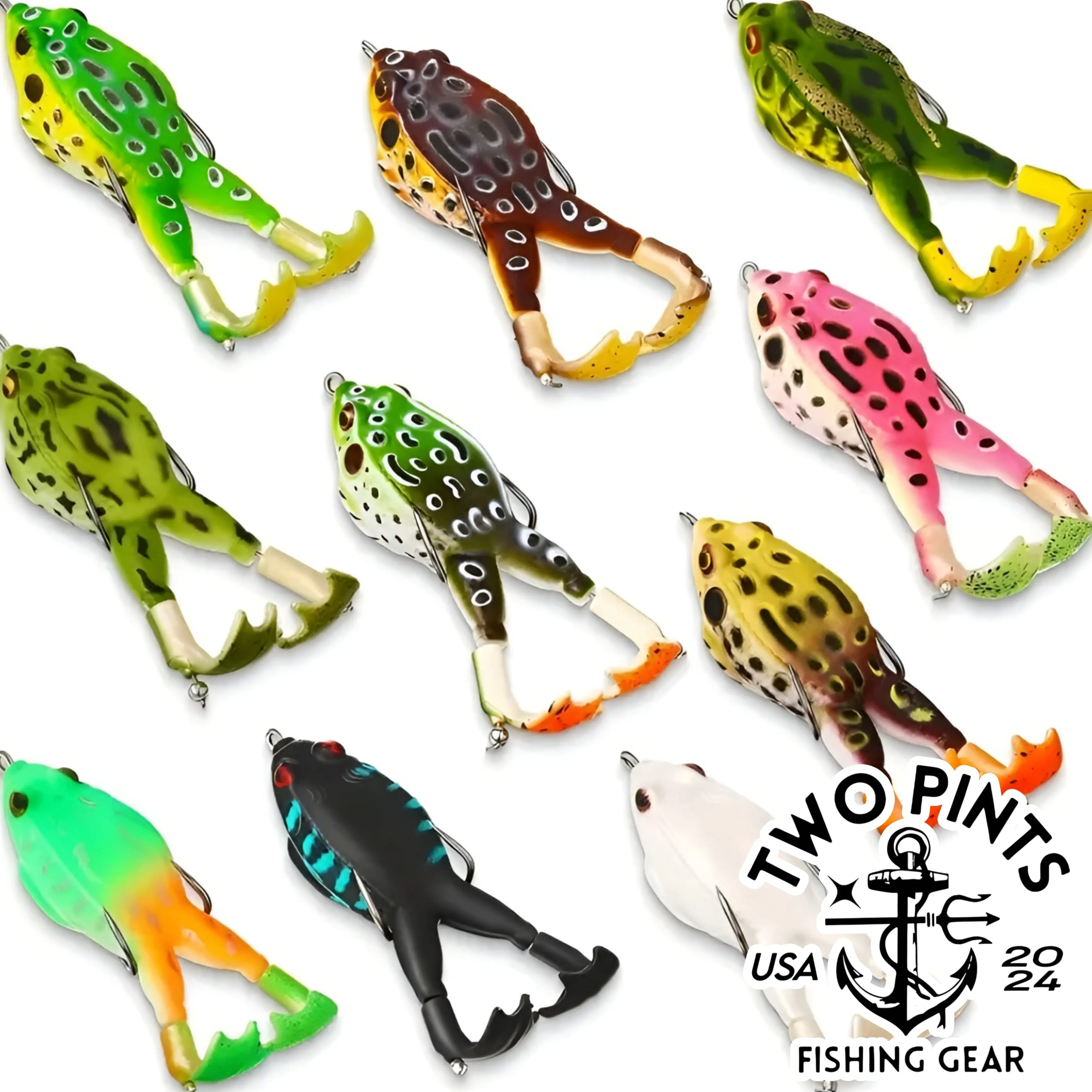 10 Piece Whopper Frog Lures - 3.5 Inch 1/2 Ounce Whopper Plopper Style Double Hook Frog Fishing Lures