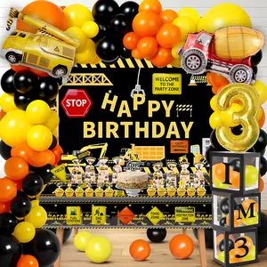 Construction 3rd Birthday Party decorations kit for Boys – Dump Truck Theme Decorations with Backdrop, Balloons, Banner, Cake & Cupcake Toppers, Tablecloth, and Box Cutout