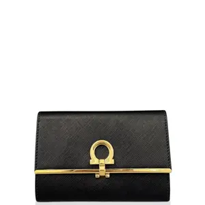 Pre-owned SALVATORE FERRAGAMO Leather small leather goods Gancini Compact Wallet Saffiano Calfskin Black (mg032226c1)