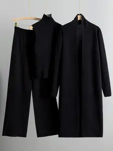 Trendy Knit Fitted Turtle Neck Tank Top & Wide Leg Trousers With Open-Front Long Cardigan Three-Piece Sets Womenswear