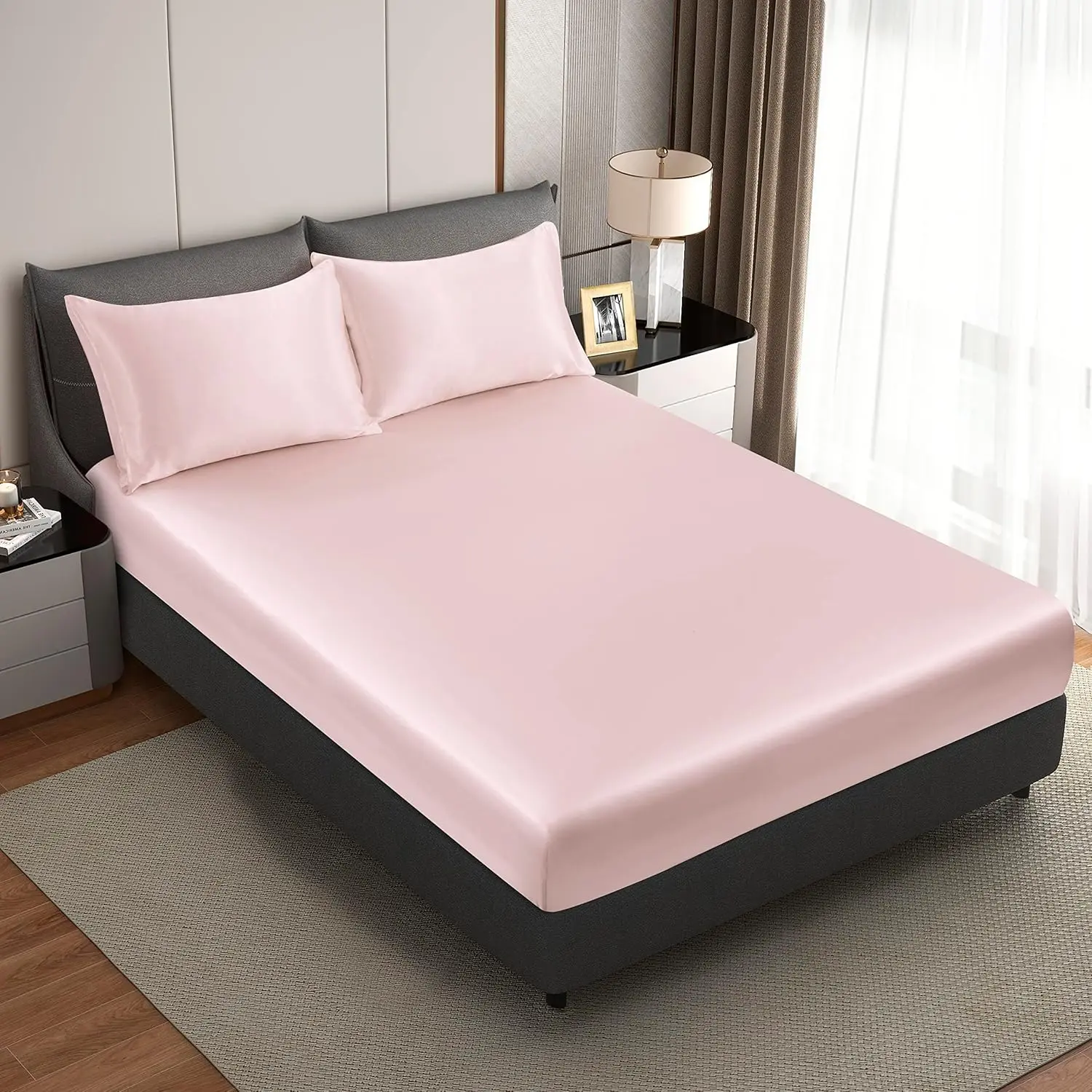 Silk Satin Blush Pink Full Fitted Sheet, Deep Pocket Fitted Sheet Only, Breathable, Non- Fading, Fully Elasticized Bed Sheets Sold Separately