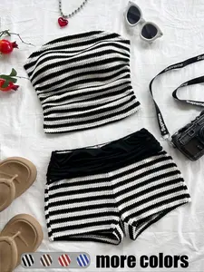 Women's Striped Pattern Tube Top & Shorts Two-piece Set, Casual Fashion Cozy Sweater Set for Daily Holiday Vacation Wear, Ladies Clothes for Summer, Matching Clothing Set, Stretchy Outfit Sets