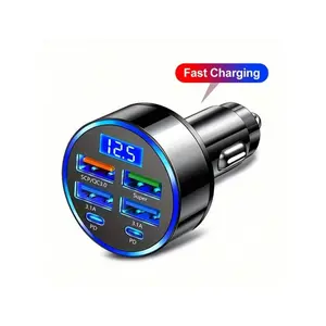100W 6-Port Car Charger Fast Charging Charger | 4 USB+2 PD Ports | 12-24V Universal | Voltage Display & LED Ambient Light | For Daily Commute/Long Trips | Hianda 6-in-1 Super Fast Charger