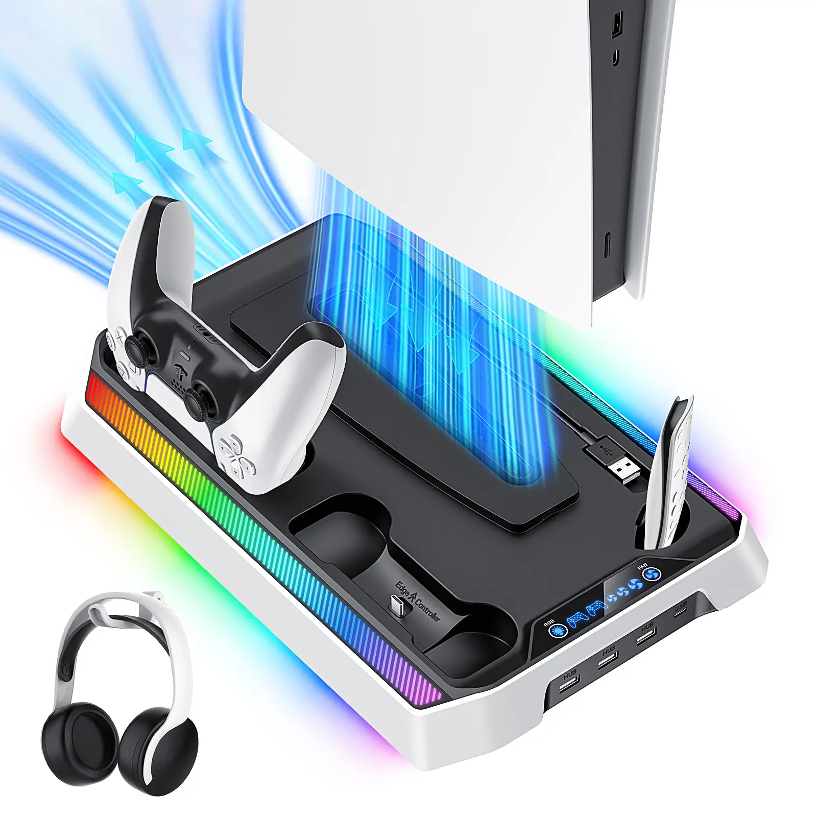 HUPEND PS5 Multi-Function Cooling and Charging Dock with RGB Lighting, Dual Controller Charging, Multiple Ports, and Expansion Cooling Fan