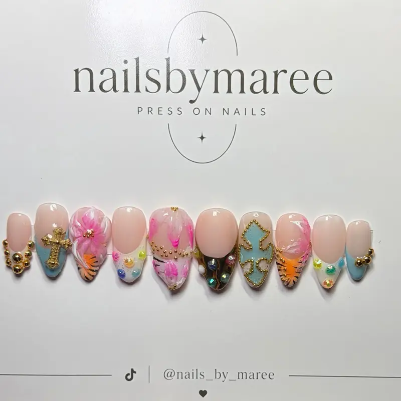 NailsByMaree Press On Nails - Elegant Floral & Gold Design - Perfect for Any Occasion -