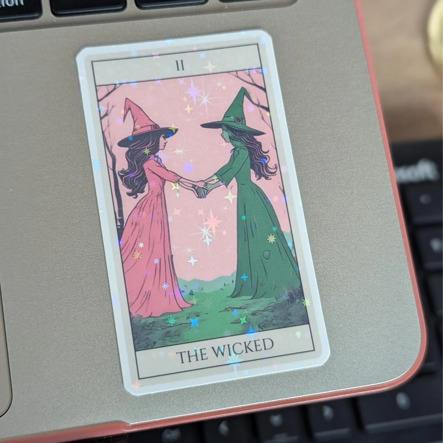 Wicked Tarot Sticker – Pink & Green Vinyl featuring Elphaba & Glinda! Waterproof decal for laptops, water bottles, journals & more