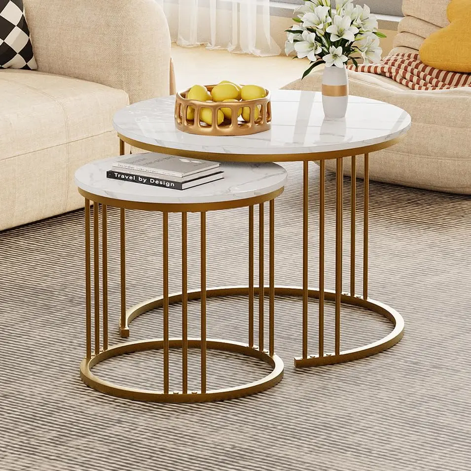 Garden 4 you 2-Set Modern Faux Marble Nesting Coffee Tables, Space-Saving Indoor Furniture for Living Room, Bedroom End Side Table or Night Stand