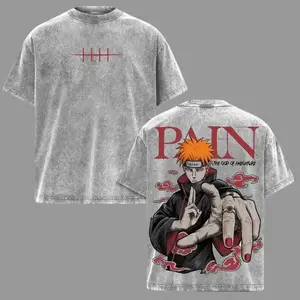 Washed Anime T-shirt of Pain and Nagato, Retro Dark Street Style Printed T-shirt of Akatsuki from Naruto, Gift for Men, Casual American Short-sleeve T-shirt, Anime-themed Crew Neck Printed Top | Oversized Retro Washed Anime T-shirt