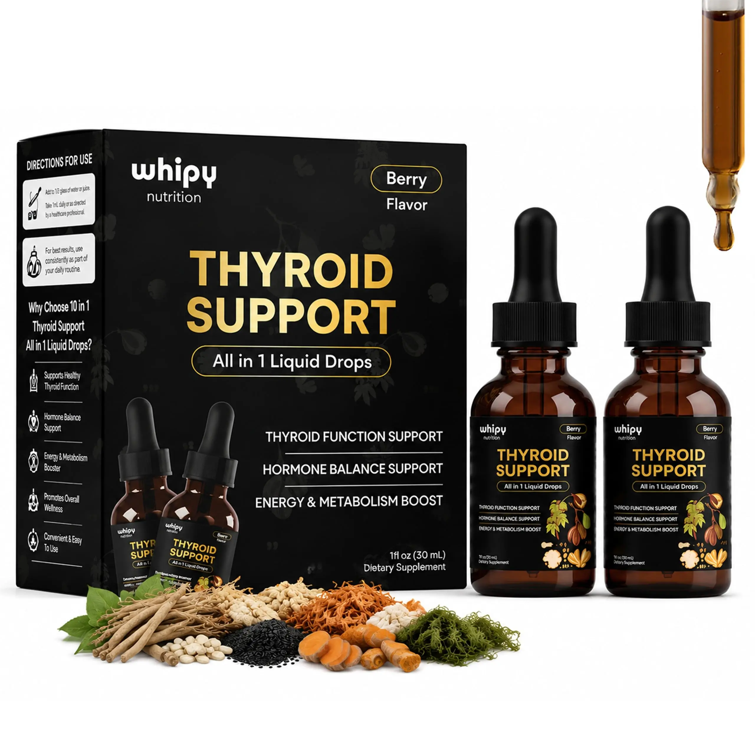 Whipy Nutrition 2 Pack Thyroid Support Liquid Drops for Women & Men with Selenium, Zinc & Iodine Hormone Balance, Energy & Metabolism Ashwagandha, Kelp & L-Tyrosine Wild Berry