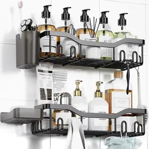 Black Shower Caddy Adhesive Shower Organizer Rustproof Stainless Steel Bathroom Shelves, Large Capacity No-Drill Rack Storage Accessories with Soap Dish Toothbrush Holder & 16 Hooks Home Decor
