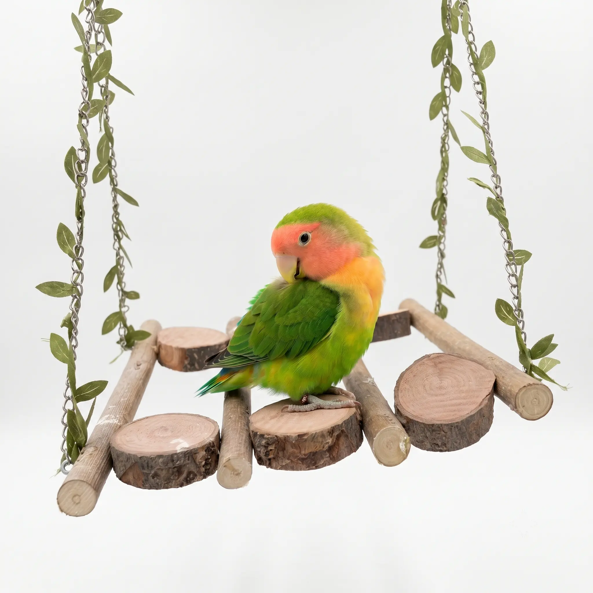 Natural Wooden Bird Swing Perch, Leaf Vine-Decorated Home Accessory for Conures, Small Parrot Cage Climb & Play Exercise Toy