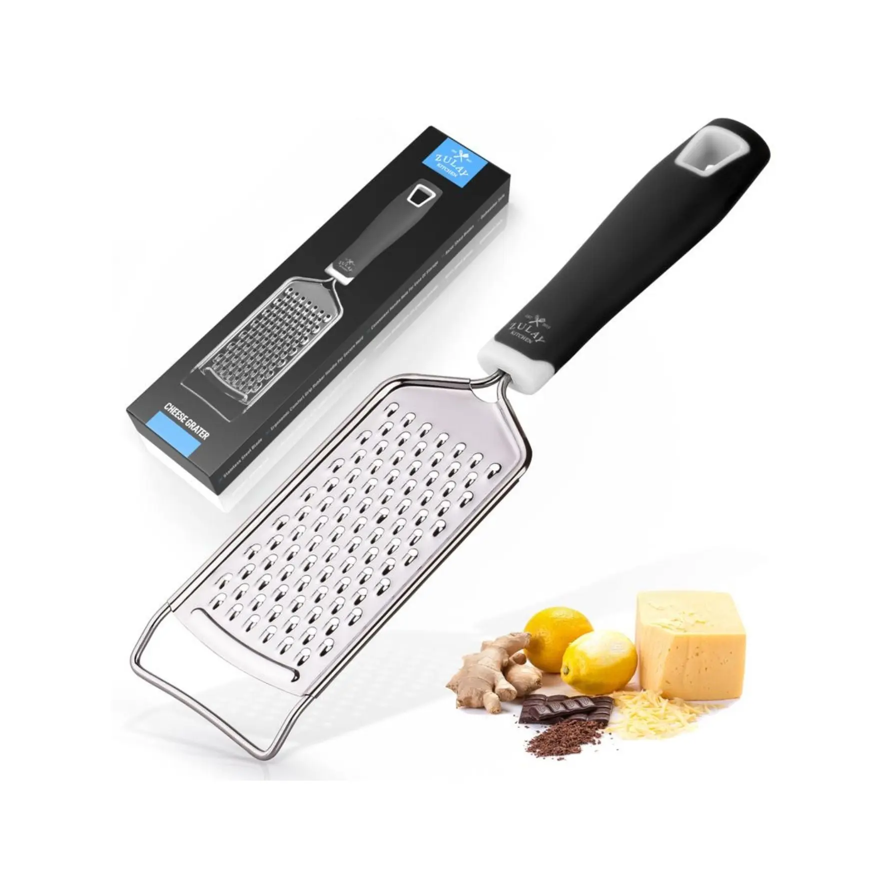 Zulay Kitchen Professional Stainless Steel Cheese Grater - Sturdy Rust-Proof Zester with Handle for Cheese, Lemon, Garlic & Spices