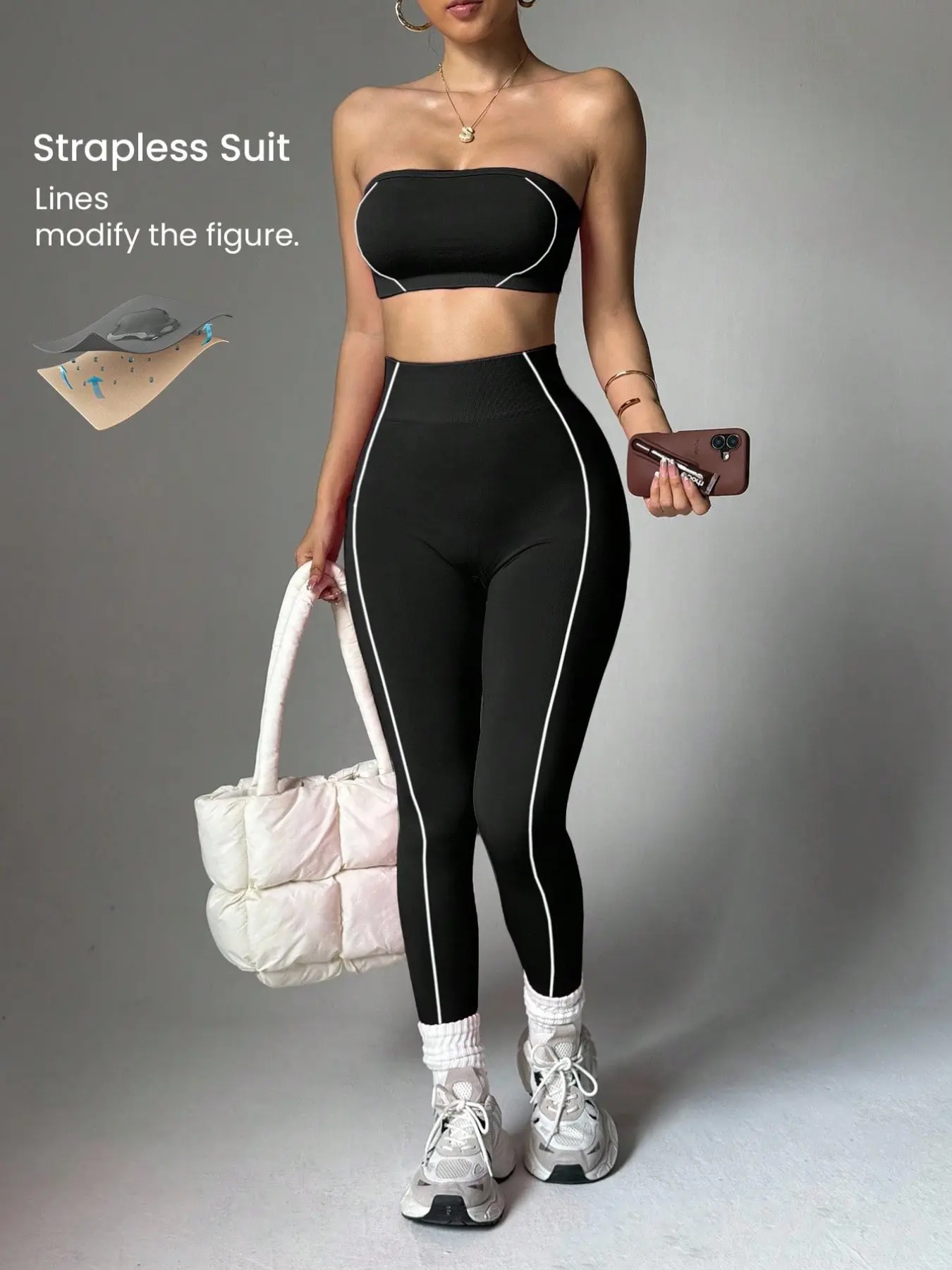 Women's Seamless Two-Piece Striped Sportswear Set, Navel-Revealing Halter Top & Tight Pants, Strapless, Casual Wear, Athleisure Wear Set, Workout Sets, Athleisure Outfit, Fitness Clothes, Seamless Gym Set, Seamless Gym Outfits