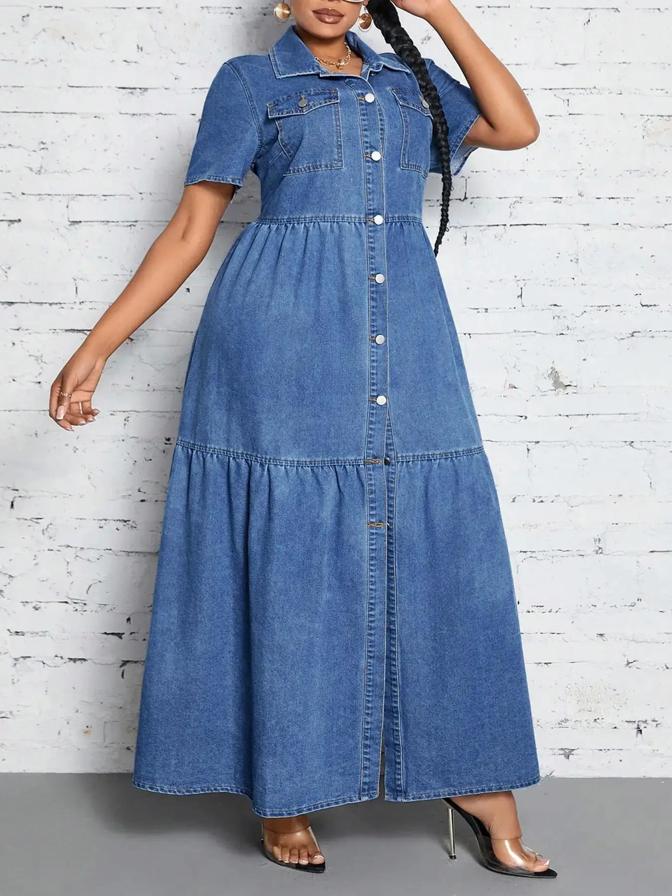 【Plus Size】 Plain Button Fly Denim Dress, Casual Short Sleeve Dress for Summer, Women's Plus Clothing for Daily Wear