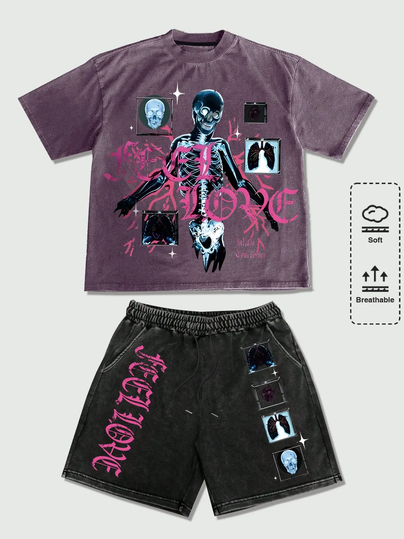Edgy Darkwear X-Ray Print 2 Piece Outfit Breathable Soft Cotton Distressed Tee and Shorts Set Graphic Streetwear Set for Urban Techwear and Casual Daily Wear