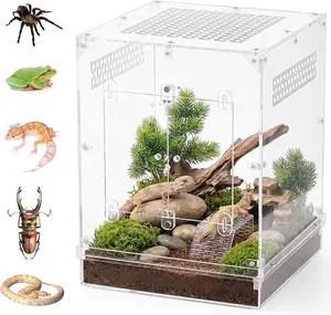 Clear Acrylic Reptile Terrarium (12"x12"x16", 10 Gal), Magnetic Double Door, 360° Full View, Leakproof Water Base, Vents, Anti-Escape Lock Enclosure for Leopard Gecko, Small Snake & Amphibian Breeding