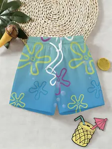 Boys Blue Spongebob Squarepants Beach Shorts, Swimwear Shorts, 3D All over Print Playful Look Summer Casual Fitted Pants, Outdoor Play, Holiday Gift, Birthday Present