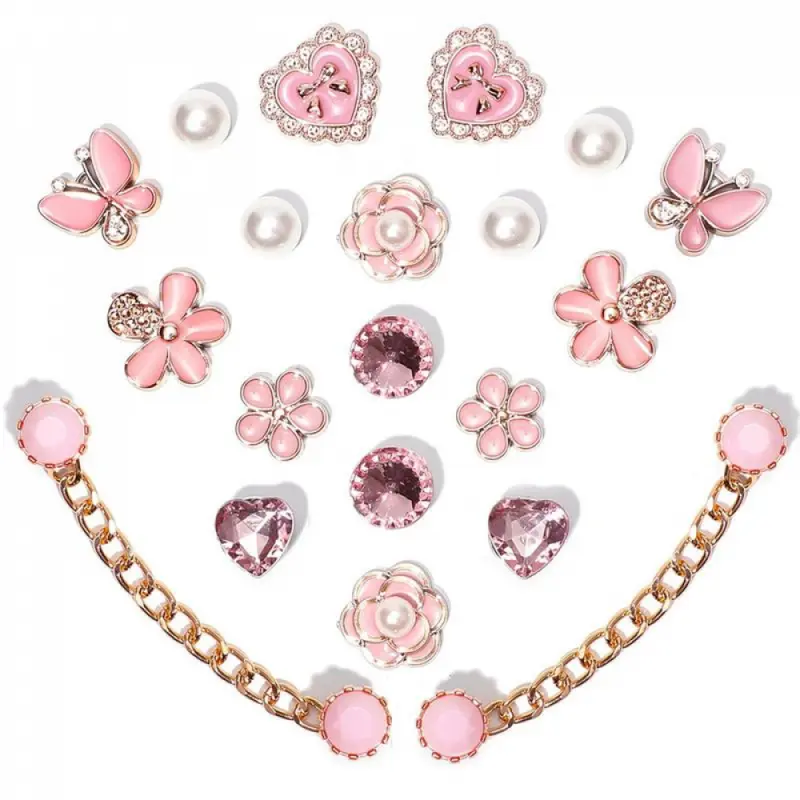 20pcs Bling Plastic Butterfly Flower Sparkling Rhinestones Diy Shoe Decoration Charms For Women's Party Favor Pink Footwear Pearl
