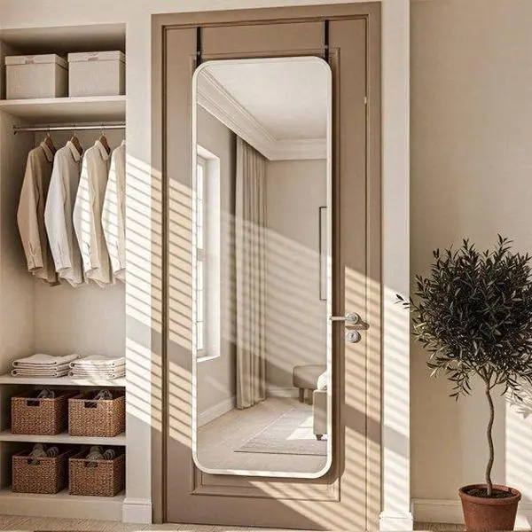 Antok 3-in-1 48" x 14.1" Full Length Mirror, Door Mirror, Wall-Mounted Mirror - Stands, Leans on Wall or Hangs, White Rounded Corner
