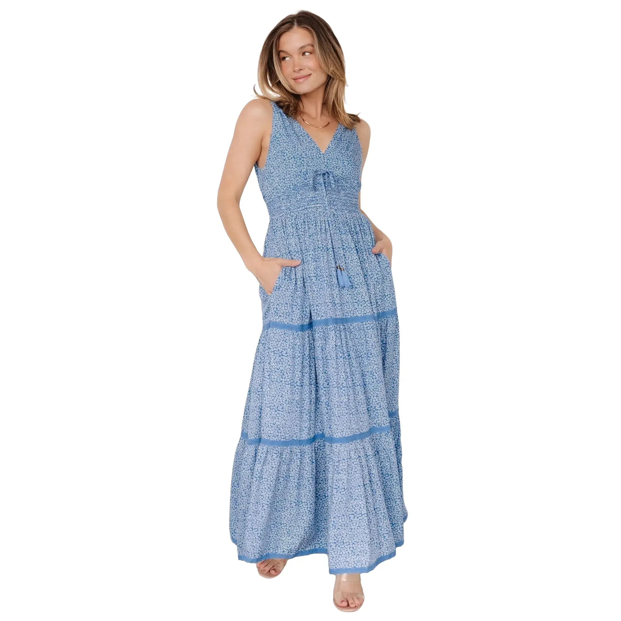 Women's Lauren V-Neck Maxi Dress - Bohemian Blue Flower Print, Soft Rayon Shell, Defined Fit, Tie Detail, for Birthday & Evening Casual Wear