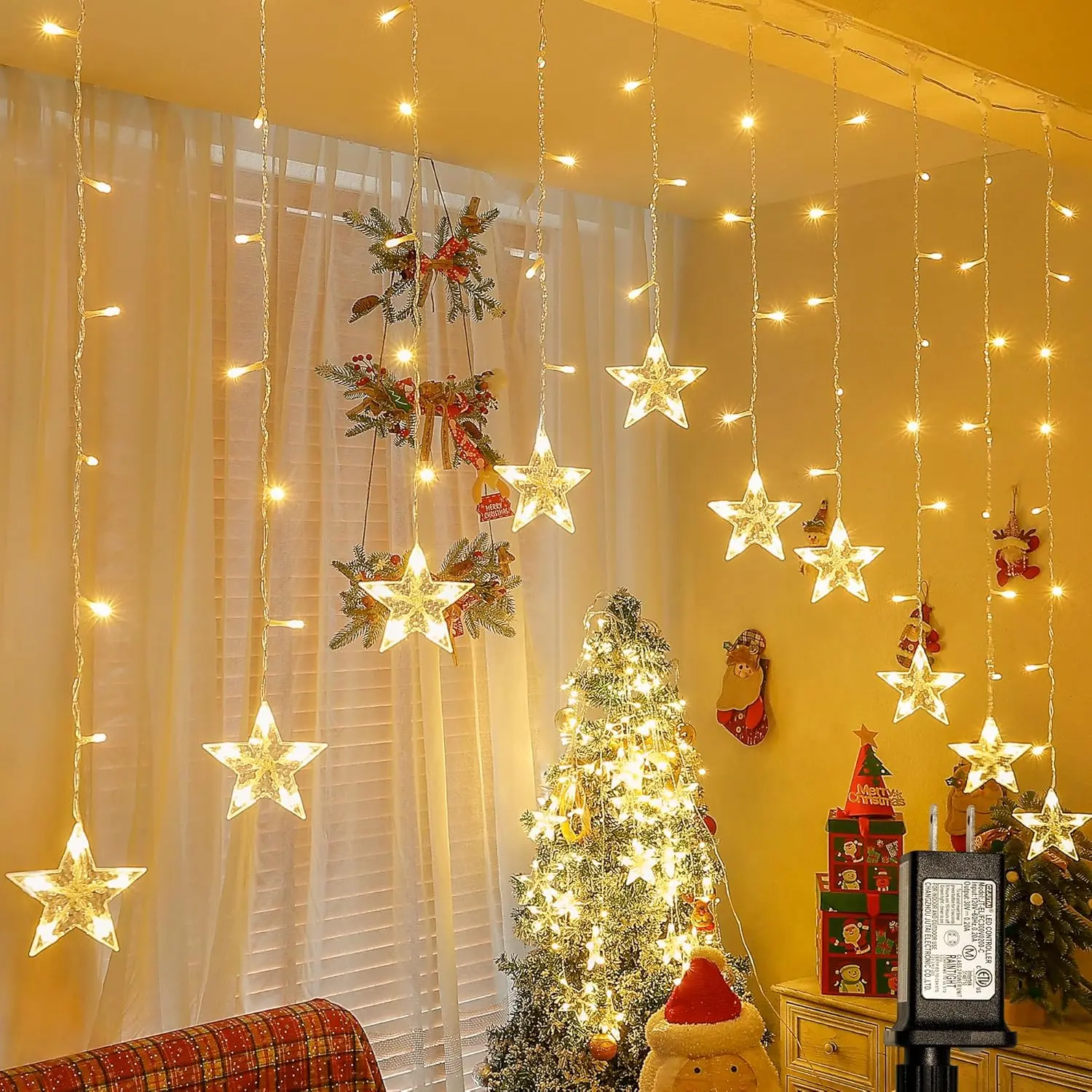 118LED Star Icicle Lights,14.8FT Window Curtain Light Plug in,8 Modes Timer Hanging String Lights,Warm White Star Christmas Lights for Bedroom,Indoor Outdoor,Party,Wedding,Xmas Decorations